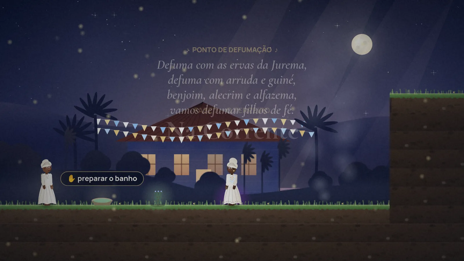 Noite de gira no terreiro, com o ponto de defumação na tela